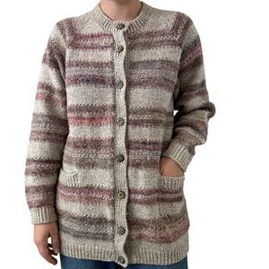 Hand Knit Womens Pastel 100% Wool Crew Neck Striped Hippie Rainbow Cardigan sz L